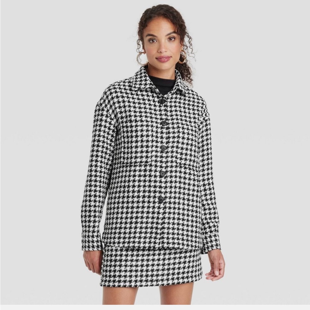NWT Women's Long Sleeve Tweed Shacket - A New Day Black/Cream Houndstoot…